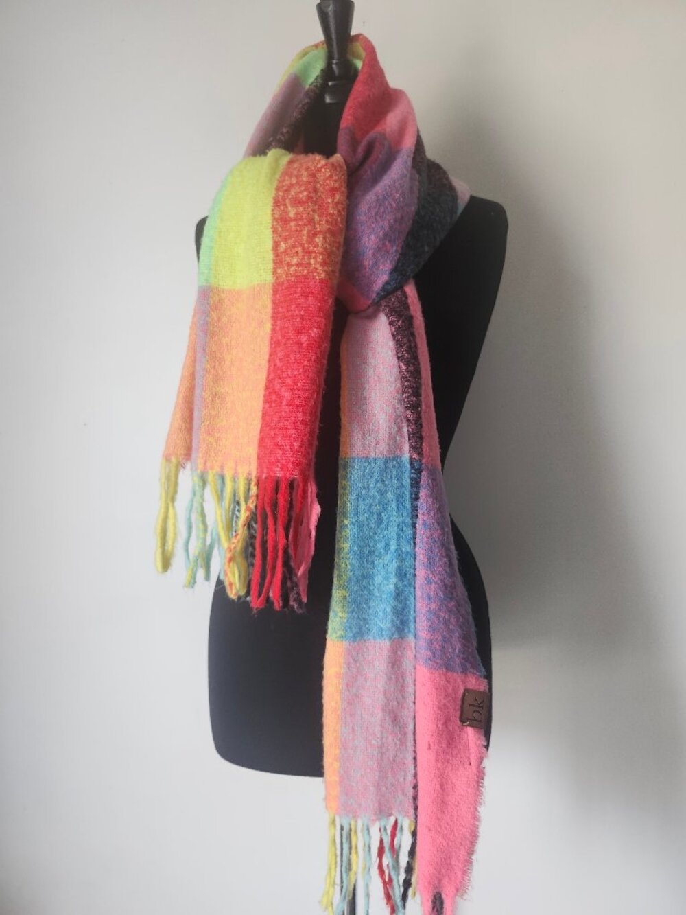 Bright Neon BK Over Size Blanket Scarf Colourblock Check Squares + Tassels